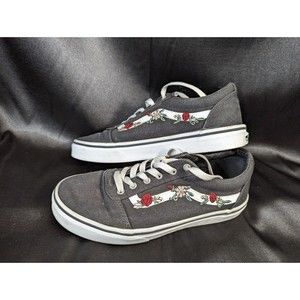 Vans Low Top Black White Roses Skateboard Shoes Missy Size 4